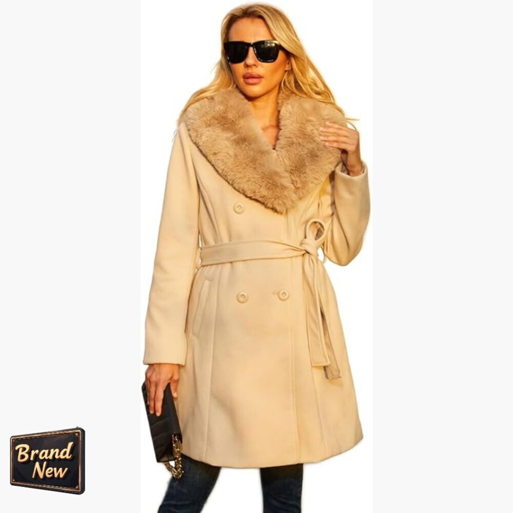 Long Faux Leather Pea Coat Double Breasted Wrap Style Winter Outerwear